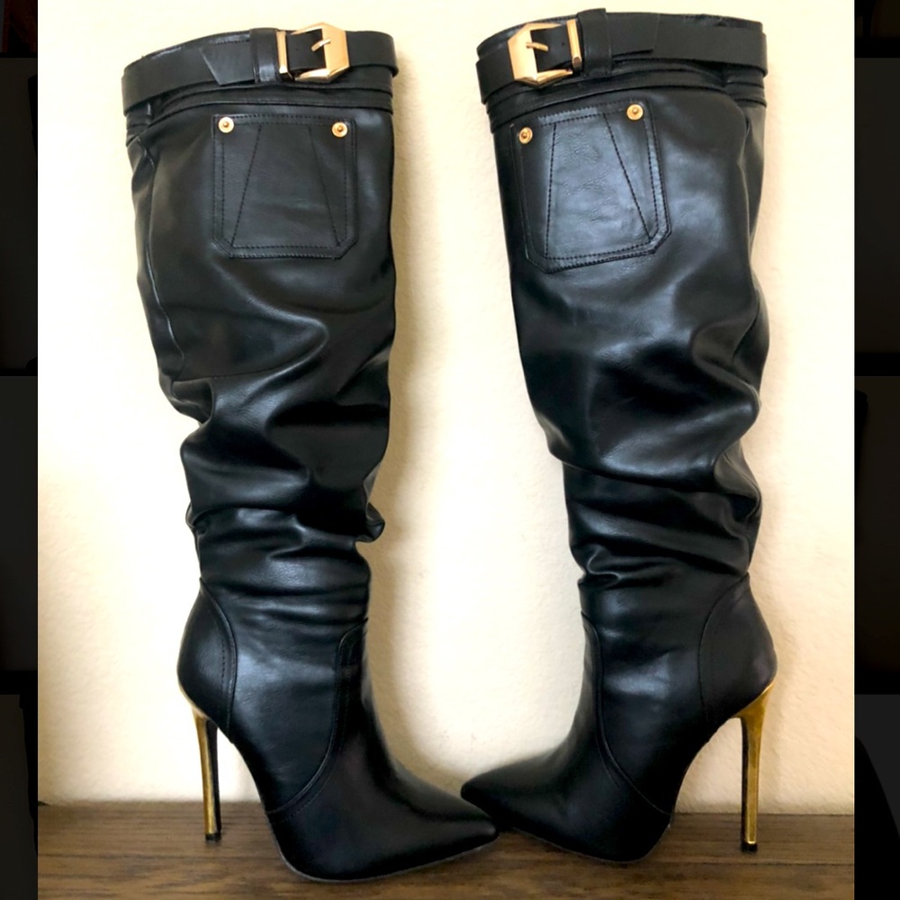 Shoe Dazzle Over-the-knee Gold Buckled Belt Boots
